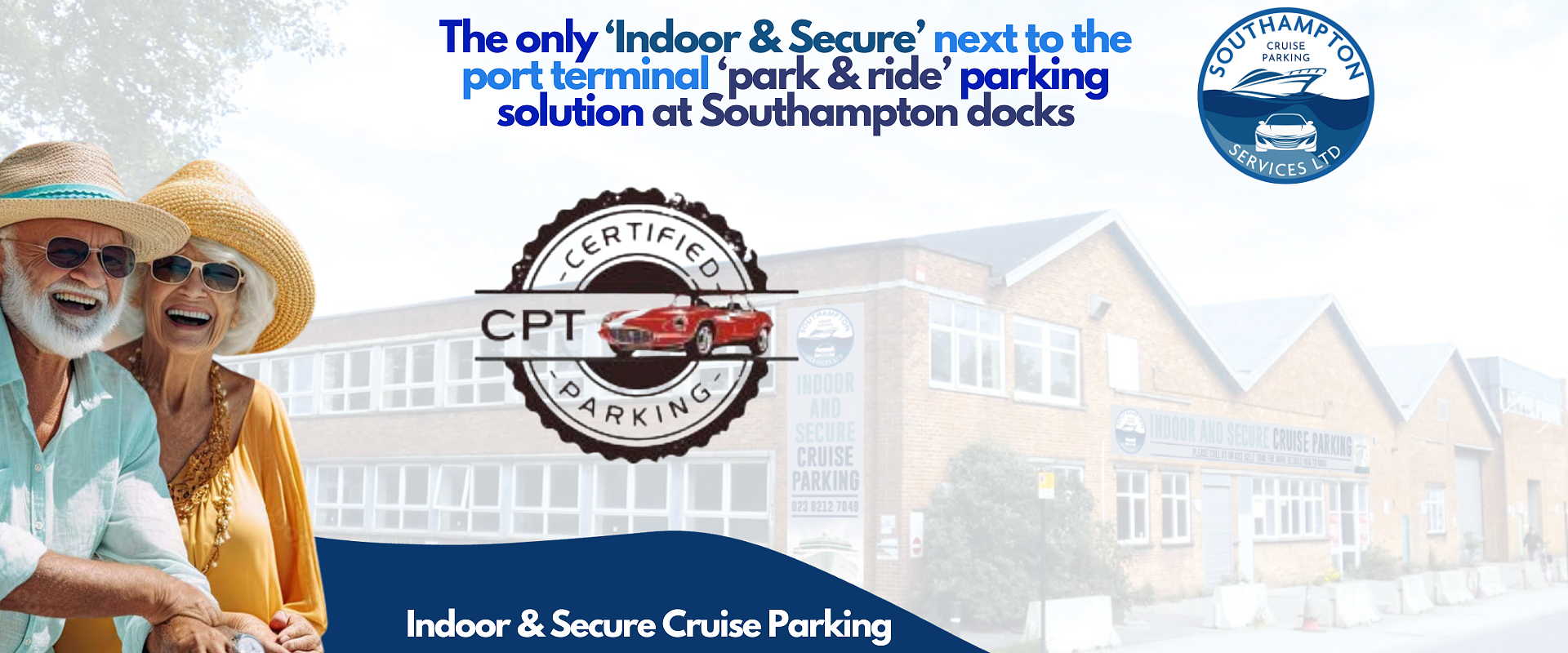 Smiling travellers promote Southampton Cruise Parking indoor facility