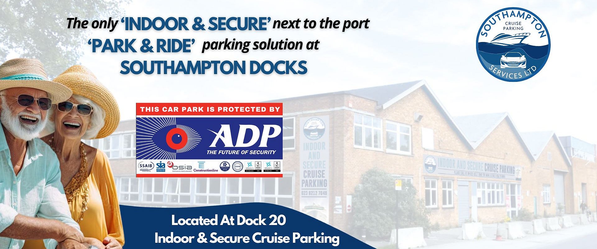 Happy cruise couple promoting certified indoor parking at Southampton Cruise Parking